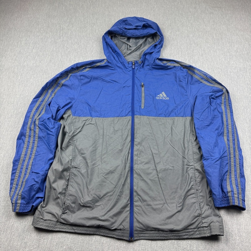 Adidas Jacket Mens Extra Large XL Blue Gray Windbreaker Hooded Running Hooded